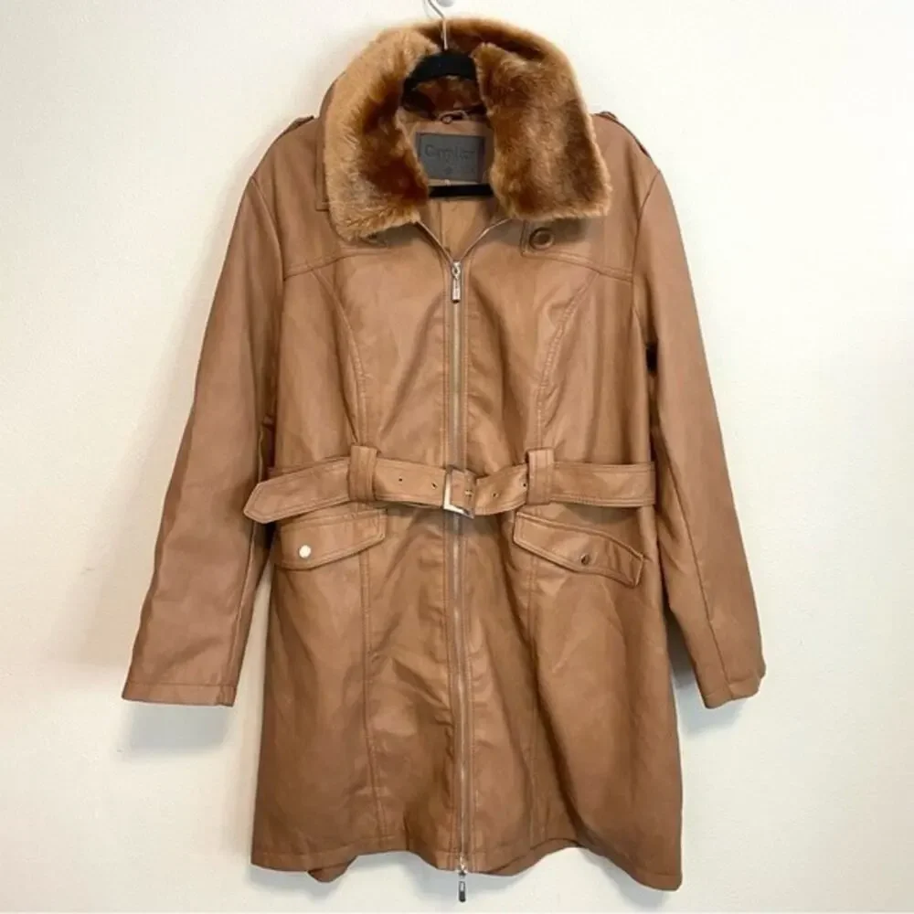 Cavalini Tan Leather Trench Coat with Faux Fur Collar - Picture 1 of 6